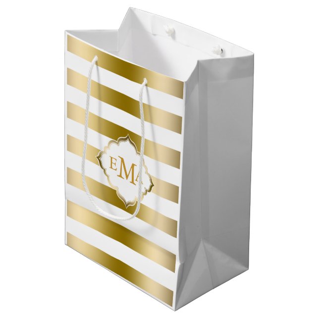 Monogramed Gold Tones & White Stripes Pattern Medium Gift Bag (Front Angled)