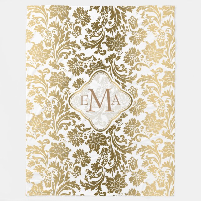 Monogramed Gold & White Floral Damask Fleece Blanket (Front)