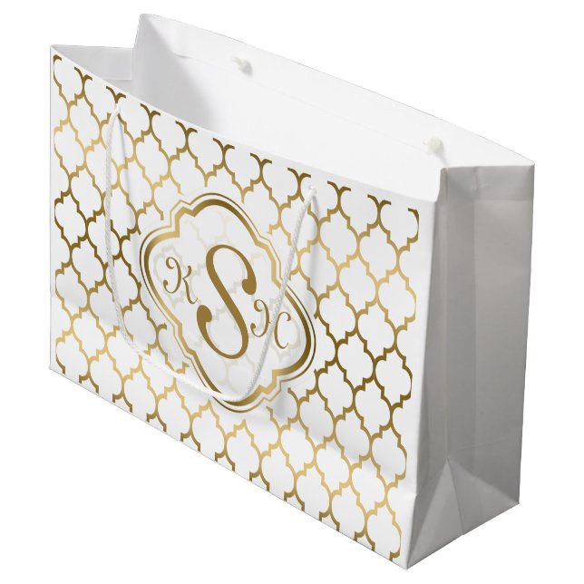 Monogramed Gold & White Quatrefoil Pattern Large Gift Bag (Front Angled)