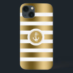 Monogramed Gold & White Stripes Nautical Anchor iPhone 13 Case<br><div class="desc">Elegant modern design gold tones stripes over white background. White nautical anchor. Customizable and optional monogram.</div>