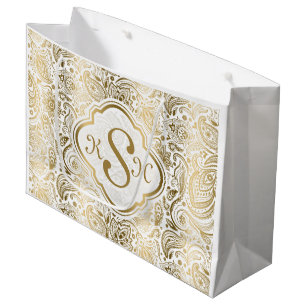 Monogramed Gold & White Vintage Paisley Pattern Large Gift Bag