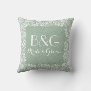 Monogramed Green Linen And White Lace Frame Throw Pillow