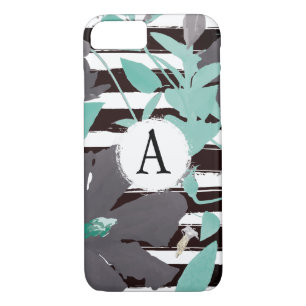 Monogramed Grey Mint Floral Stripe Case-Mate iPhone Case