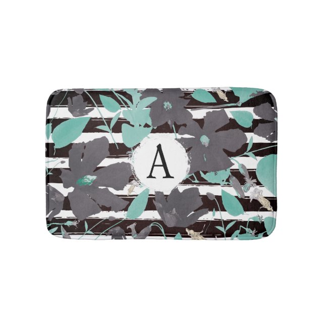 Monogramed Grey Mint Floral Stripe Design Bath Mat (Front)