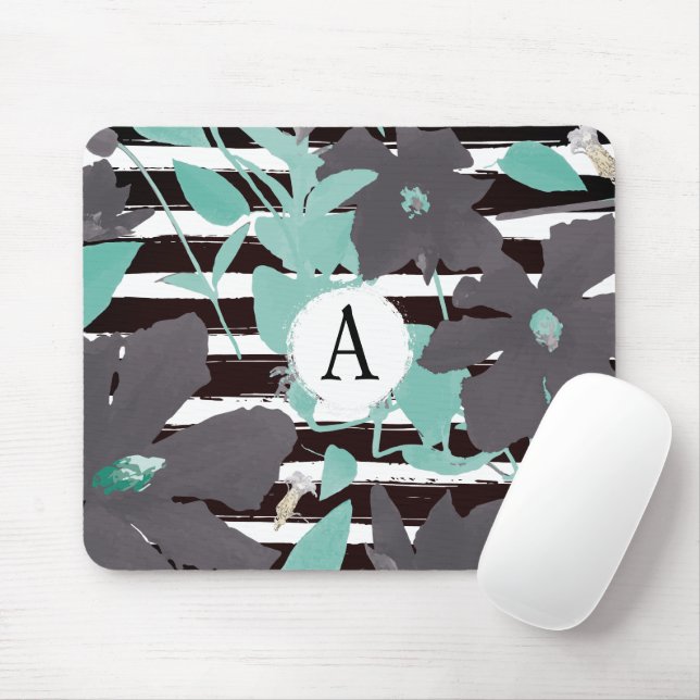 Monogramed Grey Mint Floral Stripe Design Mouse Pad (With Mouse)