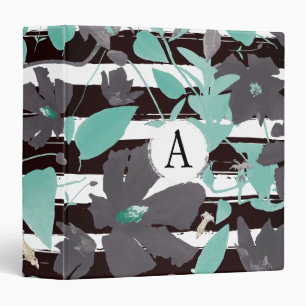 Monogramed Grey Teal Floral Stripe Design Binder