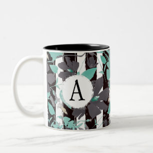 Monogramed Grey Teal Floral Stripe Pattern Two-Tone Coffee Mug