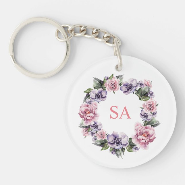 Monogramed Hand-Painted Garlands of Flowers Keychain (Front)