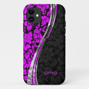 Monogramed Hot Pink & Black Damasks Silver Accents iPhone 11 Case