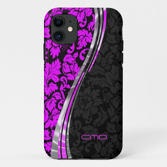 Monogramed Hot Pink & Black Damasks Silver Accents Case-Mate iPhone Case (Back)