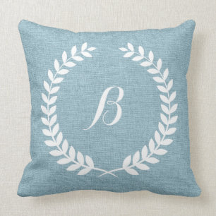 Monogramed Light Blue Linen And White Wreath Throw Pillow