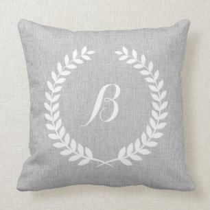 Monogramed Light Grey Linen & White Floral Wreath Throw Pillow
