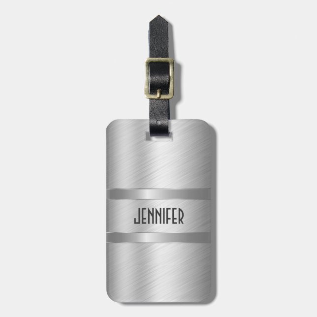 Monogramed Metallic Silver Brushed Aluminum Look Luggage Tag (Front Vertical)