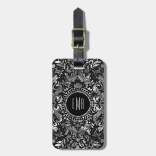 Monogramed Metallic Silver Orante Floral Damasks 2 Luggage Tag