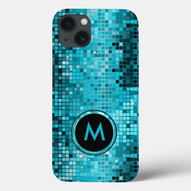 Monogramed Metallic Turquoise Sequence Glitter Case-Mate iPhone Case (Back)