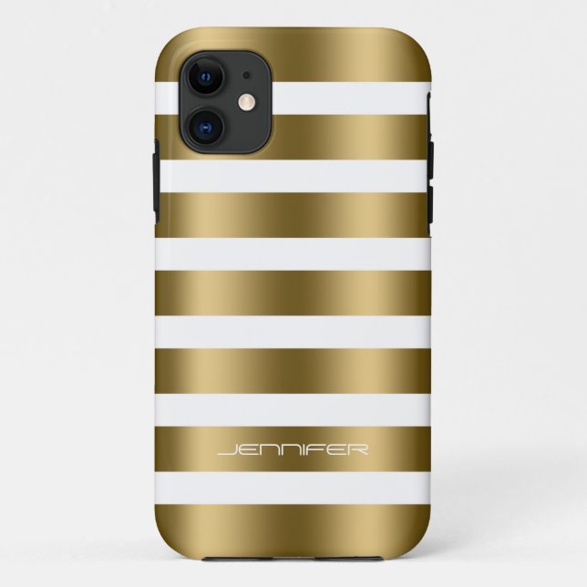 Monogramed Modern Gold Stripes White Background Case-Mate iPhone Case (Back)