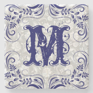 Monogramed Navy Blue Floral Swirls Frame Stone Coaster