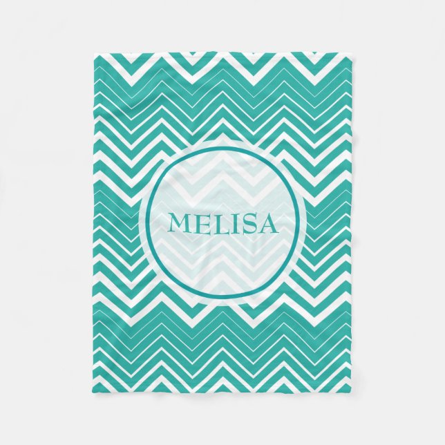 Monogramed Peacock And White Zigzag Chevron Fleece Blanket (Front)