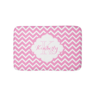Monogramed Pink And White Zigzag Chevron Bath Mat