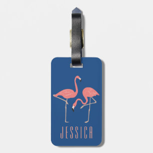 Monogramed Pink Flamingo Illustration Luggage Tag