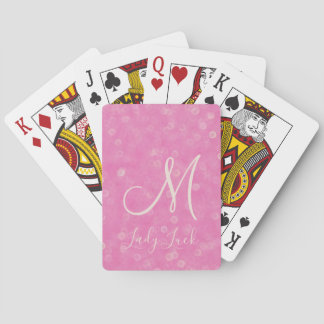 Monogramed Pink Glitter Bokeh Lady Luck Playing Cards