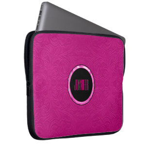 Monogramed Pink Suede Leather Look Floral Design Laptop Sleeve