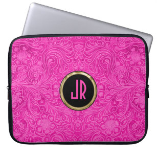 Monogramed Pink Suede Leather Look Floral Design Laptop Sleeve