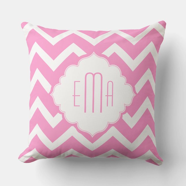 Monogramed Pink & White Geometric Zigzag Chevron Throw Pillow (Front)
