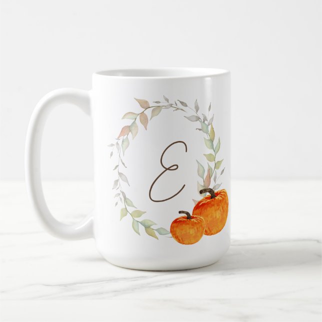 Monogramed Pumpkins and Fall Leaves Coffee Mug (Left)