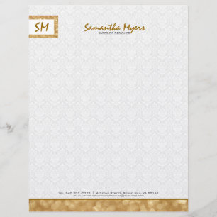 Monogramed Simple Gold Glitter White Damasks Letterhead