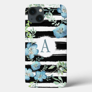 Monogramed Stripes Blue Floral iPhone 13 Case
