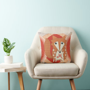 Monogramed Stylized Retro Orange Red Fox Pillow
