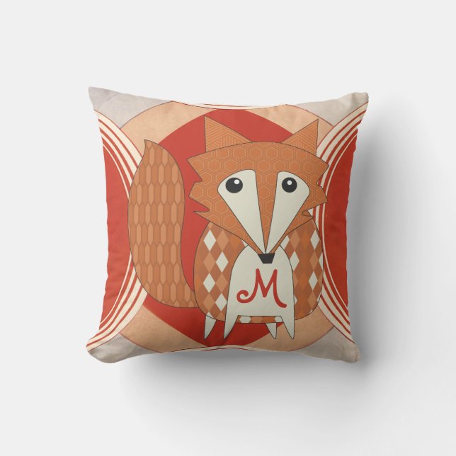 Monogramed Stylized Retro Orange Red Fox Pillow (Front)