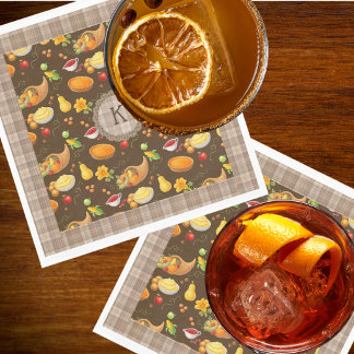 Monogramed Thanksgiving Harvest Pattern with Plaid Napkin