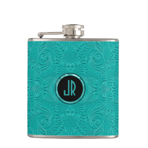 Monogramed Turquoise Embossed Floral Damasks Hip Flask