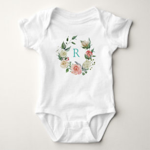 Monogramed very pretty watercolour floral wreath baby bodysuit