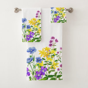 Monogramed Watercolor Wild Flowers Bath Towel Set