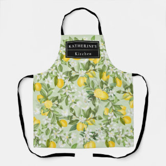 Monogramed Watercolor Yellow Lemons White Florals  Apron