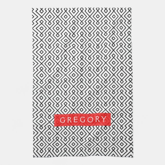 Monogramed White And Black Geometric Pattern Kitchen Towel (Vertical)