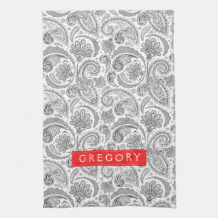 Monogramed White And Grey Floral Paisley Kitchen Towel
