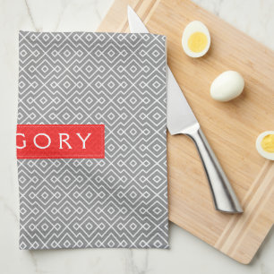 Monogramed White And Grey Geometric Pattern Kitchen Towel