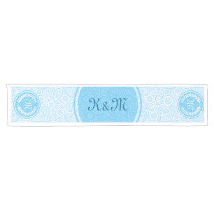 Monogramed White & Blue Paisley & Wreath Short Table Runner