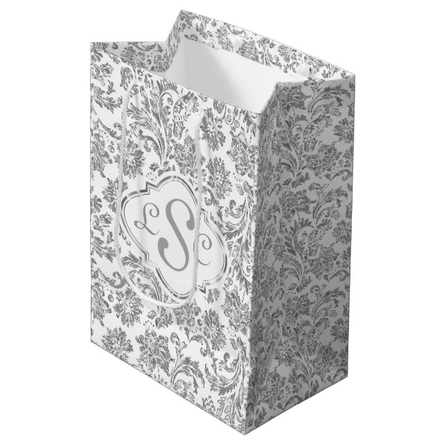 Monogramed White & Metallic Silver Floral Damasks Medium Gift Bag (Front Angled)