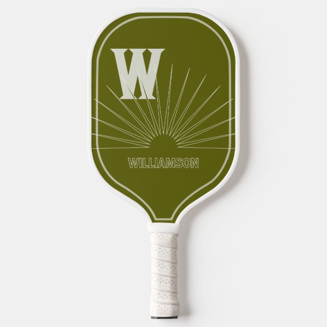 Monogramed with Sunburst & name Light Olive Pickleball Paddle (Front)