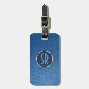 Monogramed Worn-Out Blue Leather Look Luggage Tag