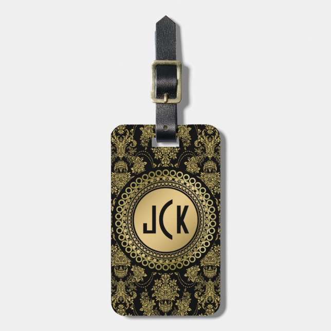 MonogramedBlack & Gold Vintage Floral Damasks Luggage Tag (Front Vertical)