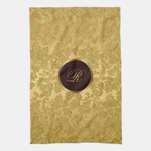 Monogramm Monochromatic Gold Floral Damasks Kitchen Towel
