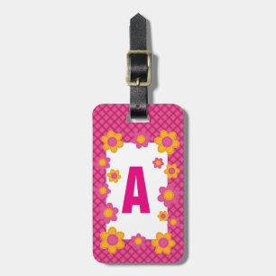 Monogramm spring blossom girl pink plaid pattern luggage tag