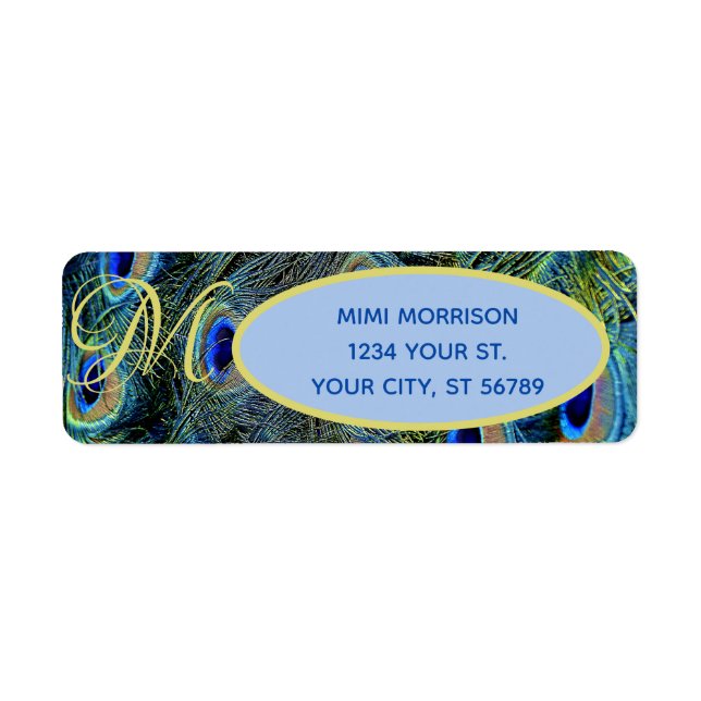 Monogrammable Blue Gold Peacock Feather Labels (Front)