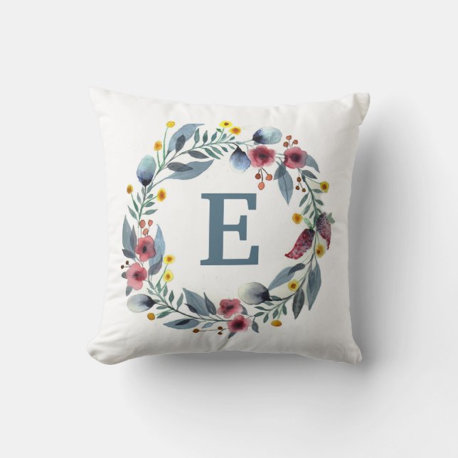 Monogramme à cadre floral en oreiller rose gris (Recto)